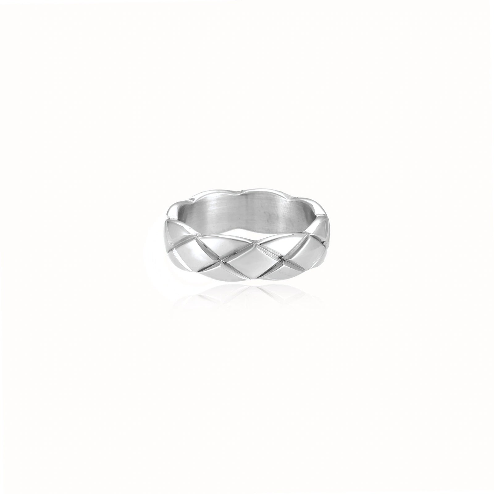 Braided stainless steel band ring with geometric interwoven strands in brushed silver finish on white background