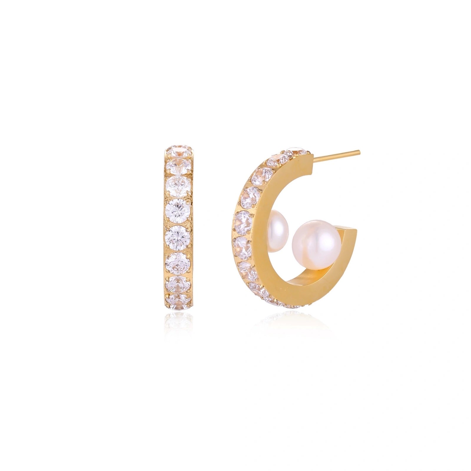Gold pavé hoop earrings with two freshwater pearls nestled inside the curved design, featuring crystal-studded outer edge.