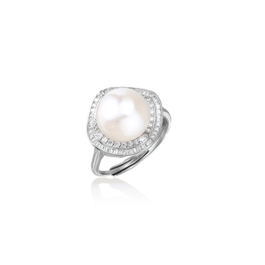 Sterling Silver Pearl Halo Dreams Ring by AlbaLuxe