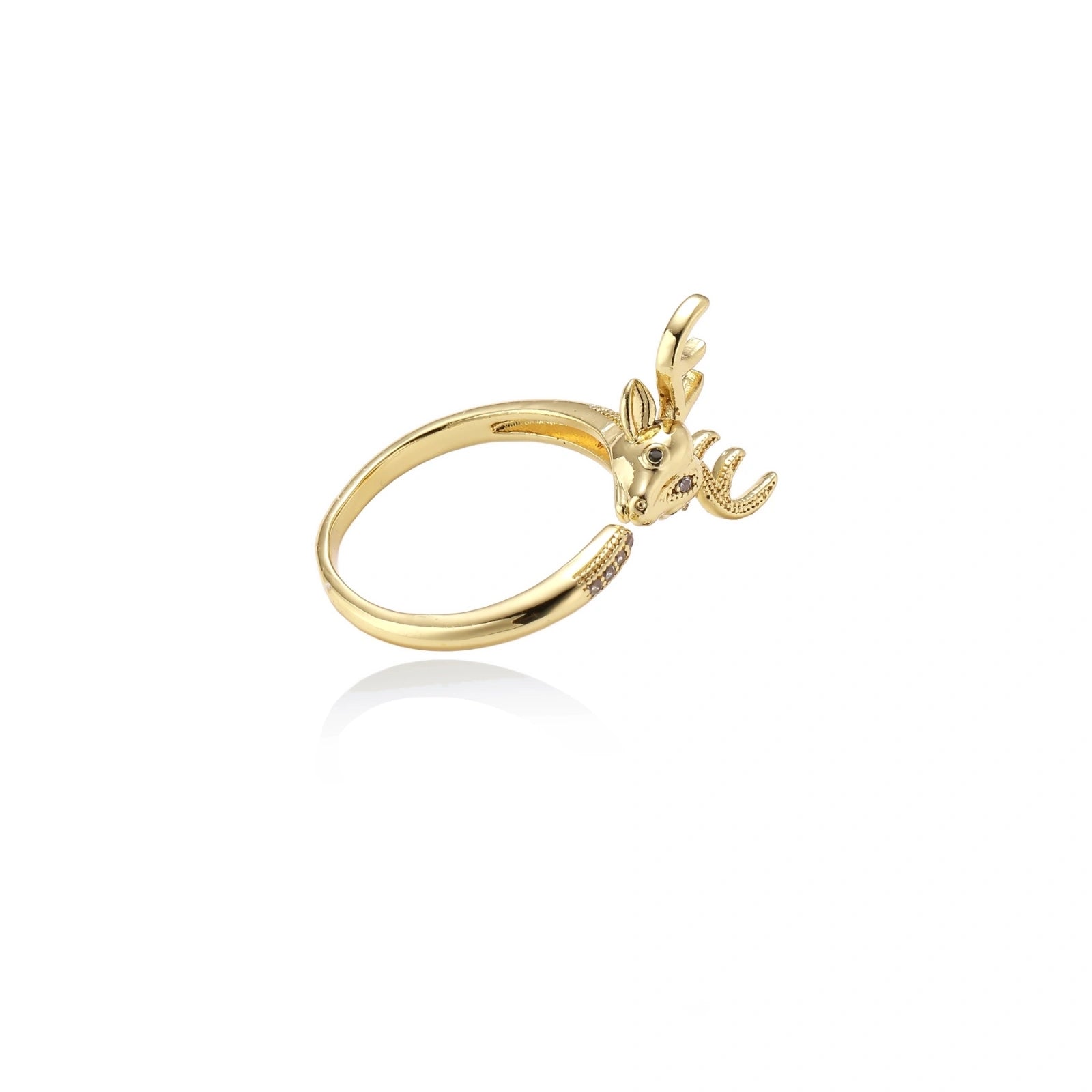 Gold-plated adjustable ring featuring 3D deer head with detailed antlers and cubic zirconia accents on cream background