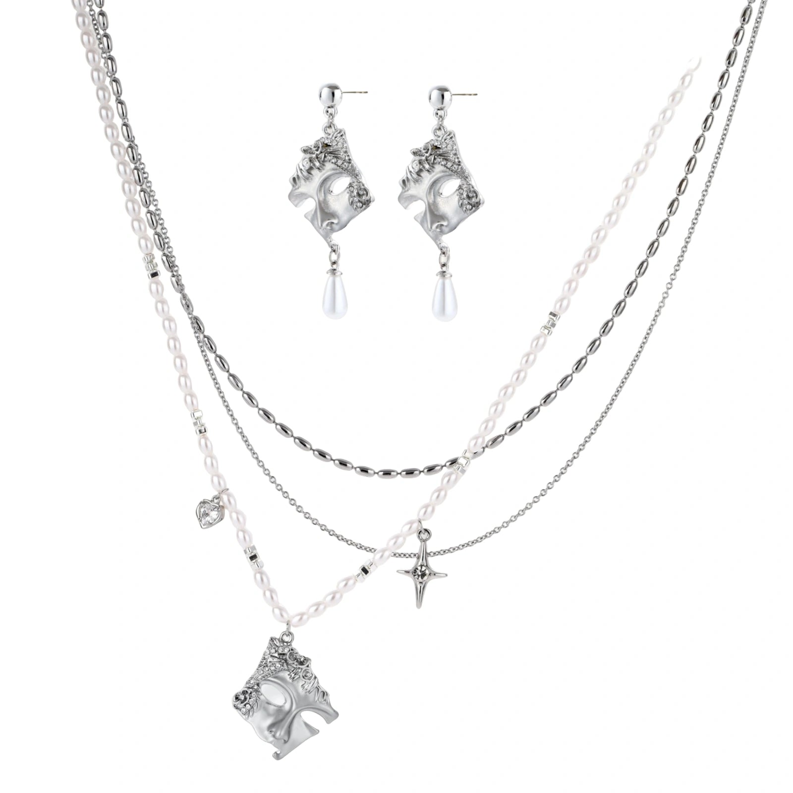Ornate silver-toned masquerade mask jewelry set featuring rhinestone details and pearl drop earrings on white background.