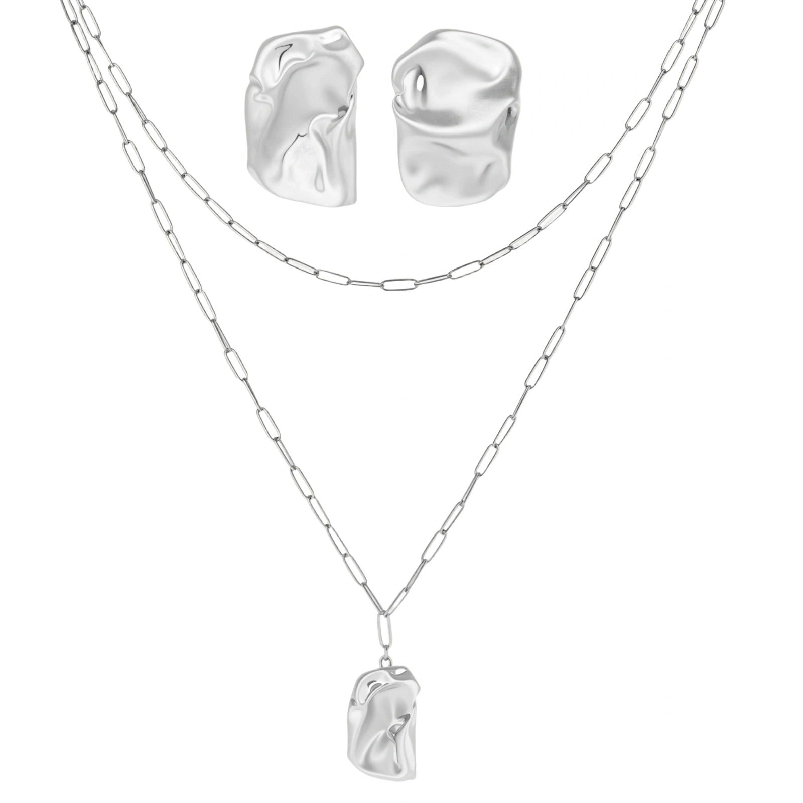 Modern textured hoop earrings and layered chain necklace with liquid metal pendant in silver and gold finishes.