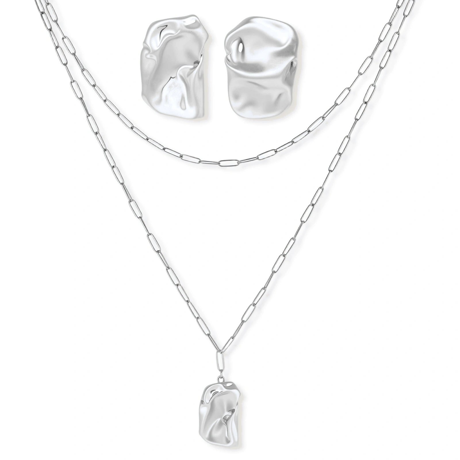 Modern textured hoop earrings and layered chain necklace with liquid metal pendant in silver and gold finishes.