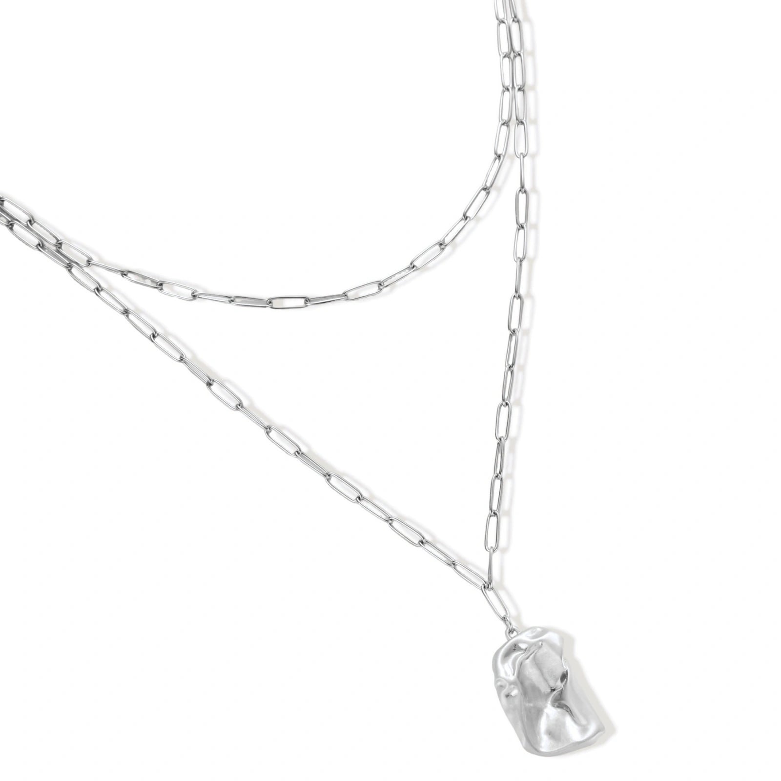 Modern textured hoop earrings and layered chain necklace with liquid metal pendant in silver and gold finishes.
