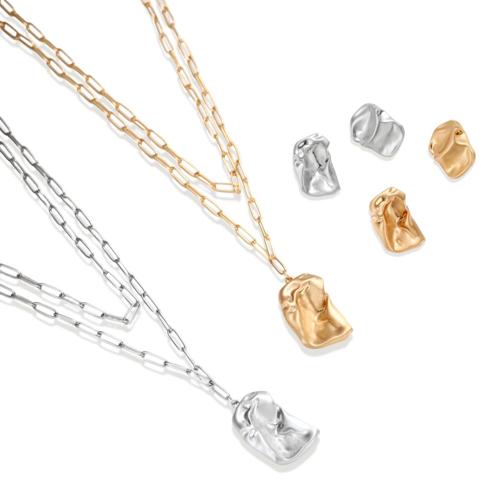 Modern textured hoop earrings and layered chain necklace with liquid metal pendant in silver and gold finishes.