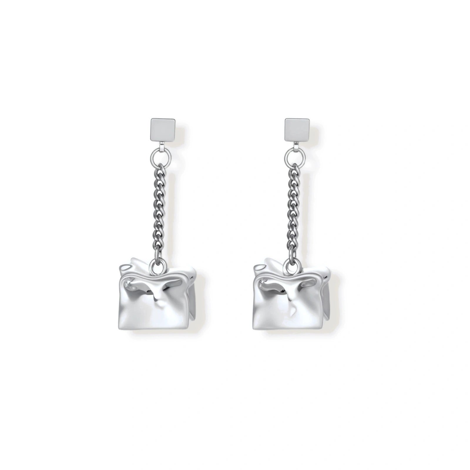 Geometric jewelry set with textured cube pendants on chains, featuring eco-zinc alloy in silver and gold finishes.