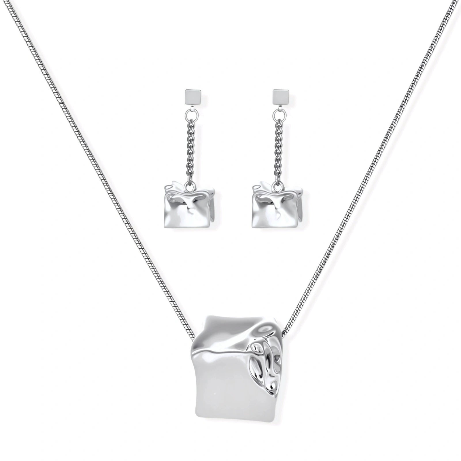 Geometric jewelry set with textured cube pendants on chains, featuring eco-zinc alloy in silver and gold finishes.