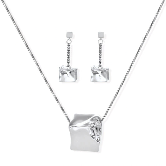 Geometric jewelry set with textured cube pendants on chains, featuring eco-zinc alloy in silver and gold finishes.