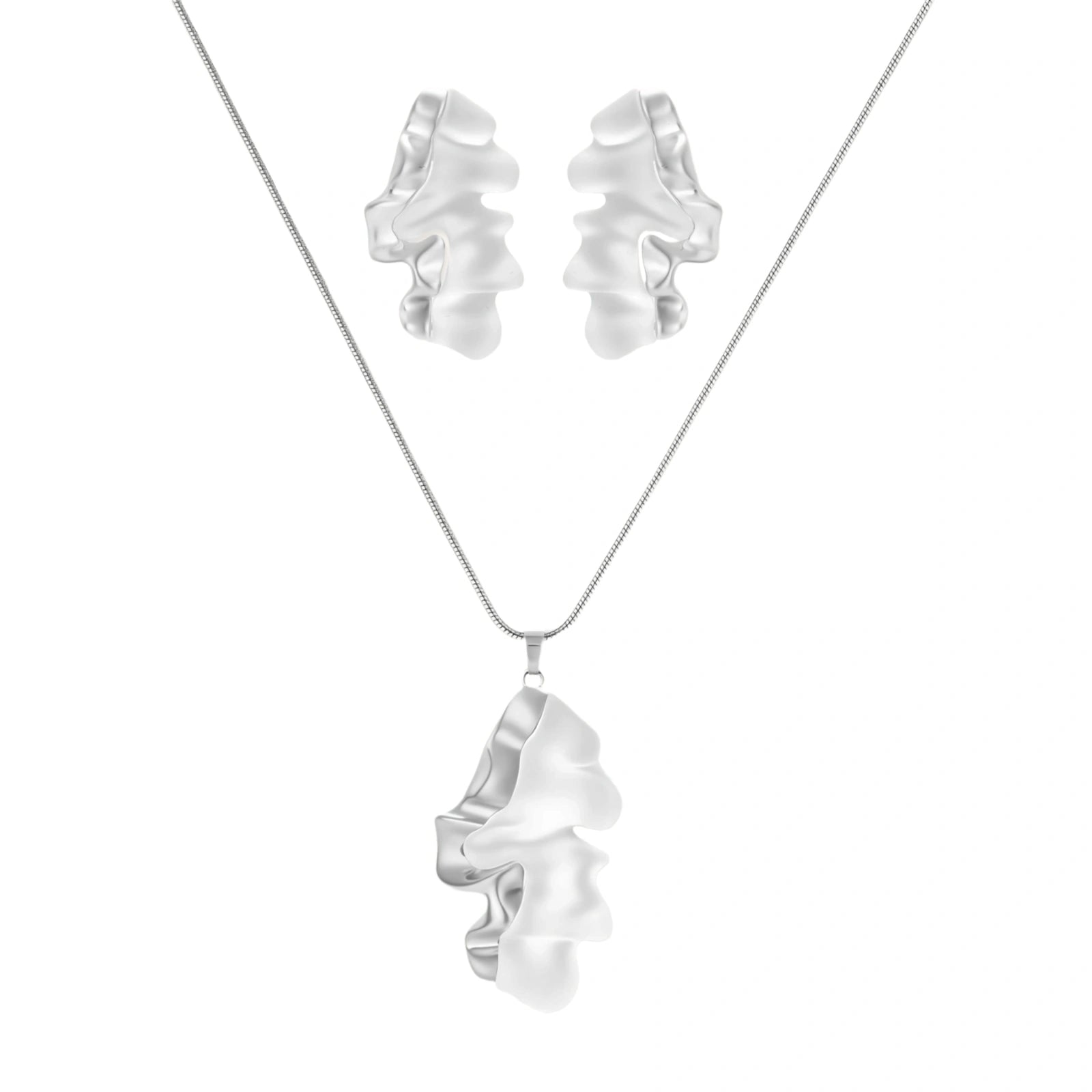 Modern sculptural jewelry set with flowing ribbon-like earrings and matching pendant in eco-zinc alloy finish