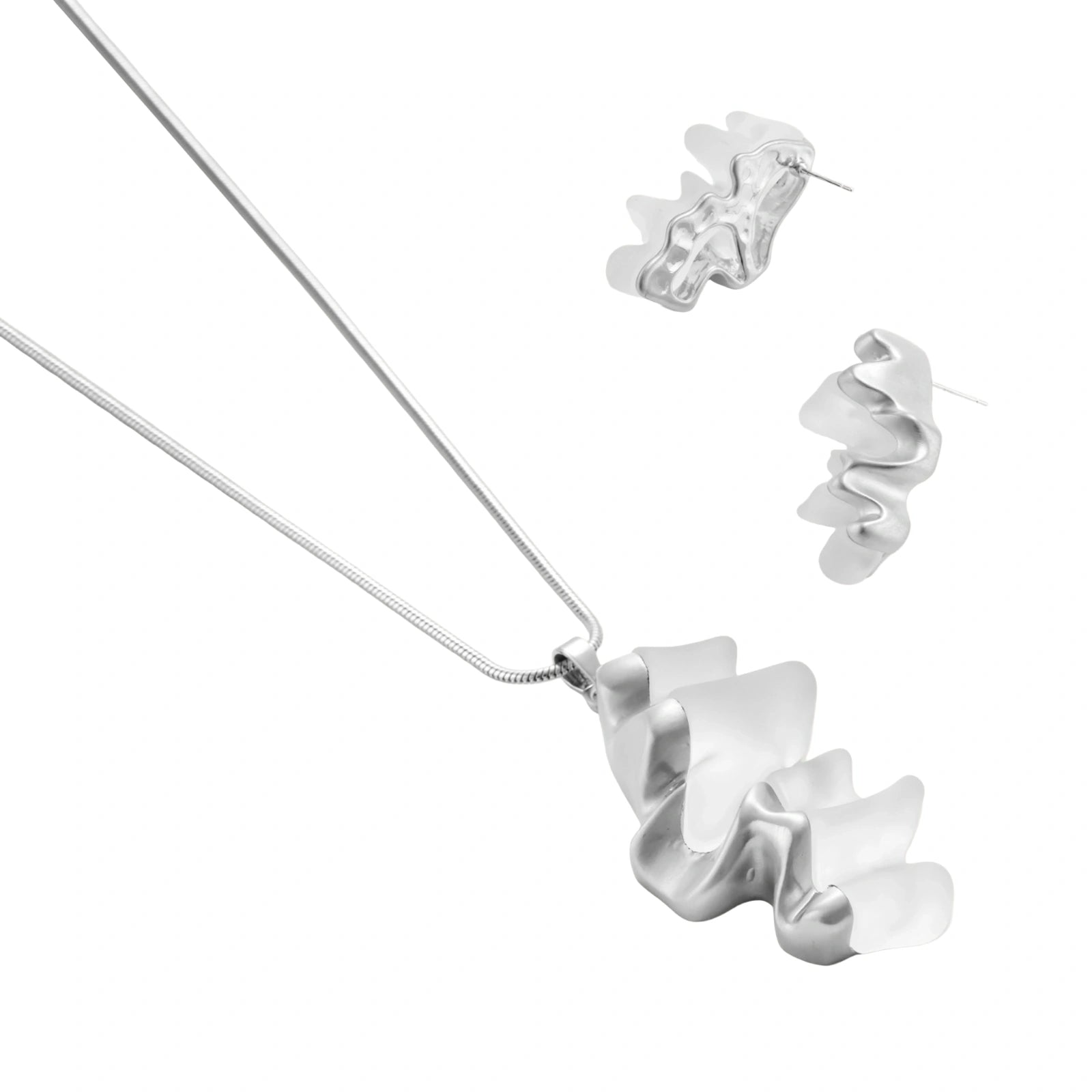Modern sculptural jewelry set with flowing ribbon-like earrings and matching pendant in eco-zinc alloy finish
