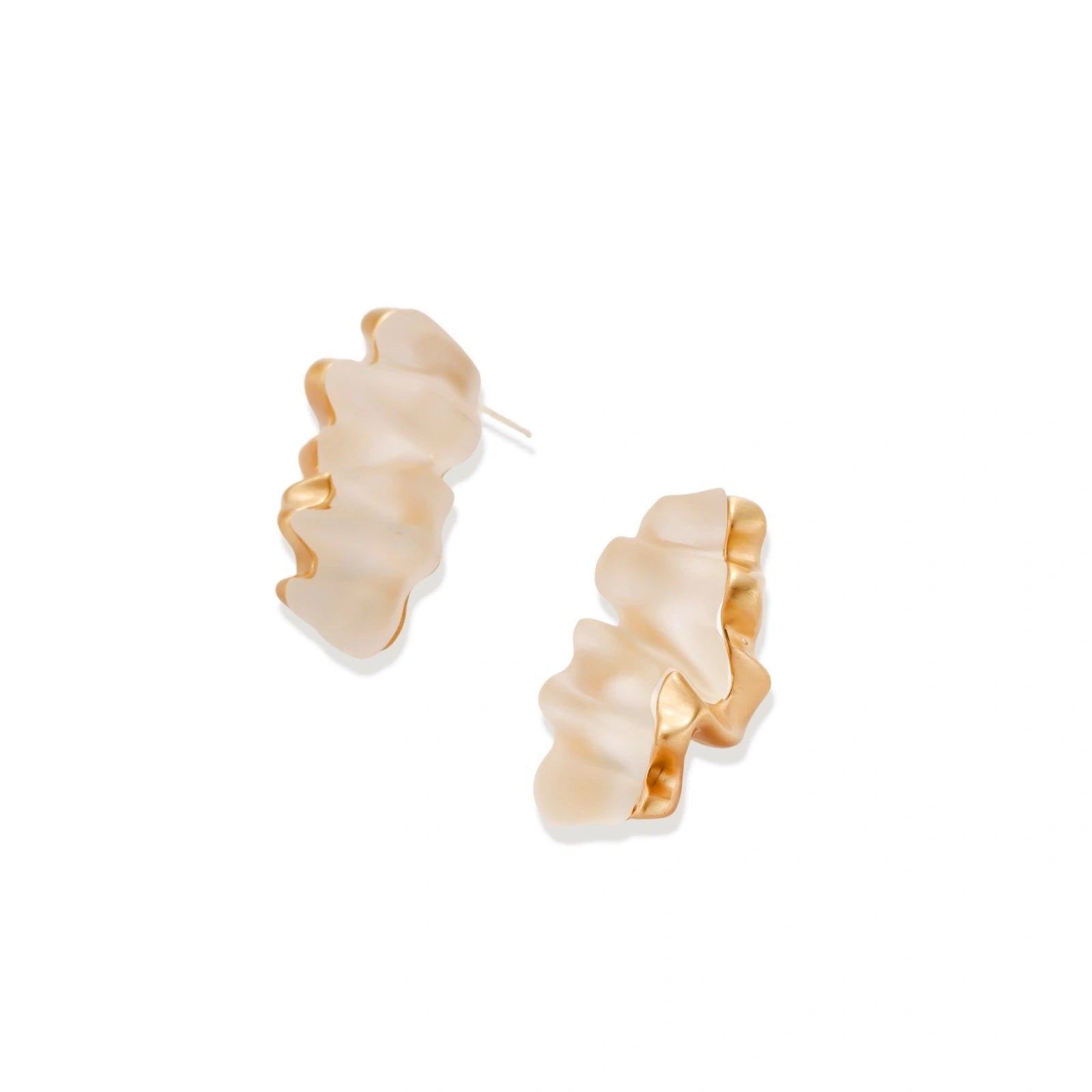 Sculptural gold-toned jewelry set featuring wavy organic earrings and matching necklace pendant with translucent resin accents.