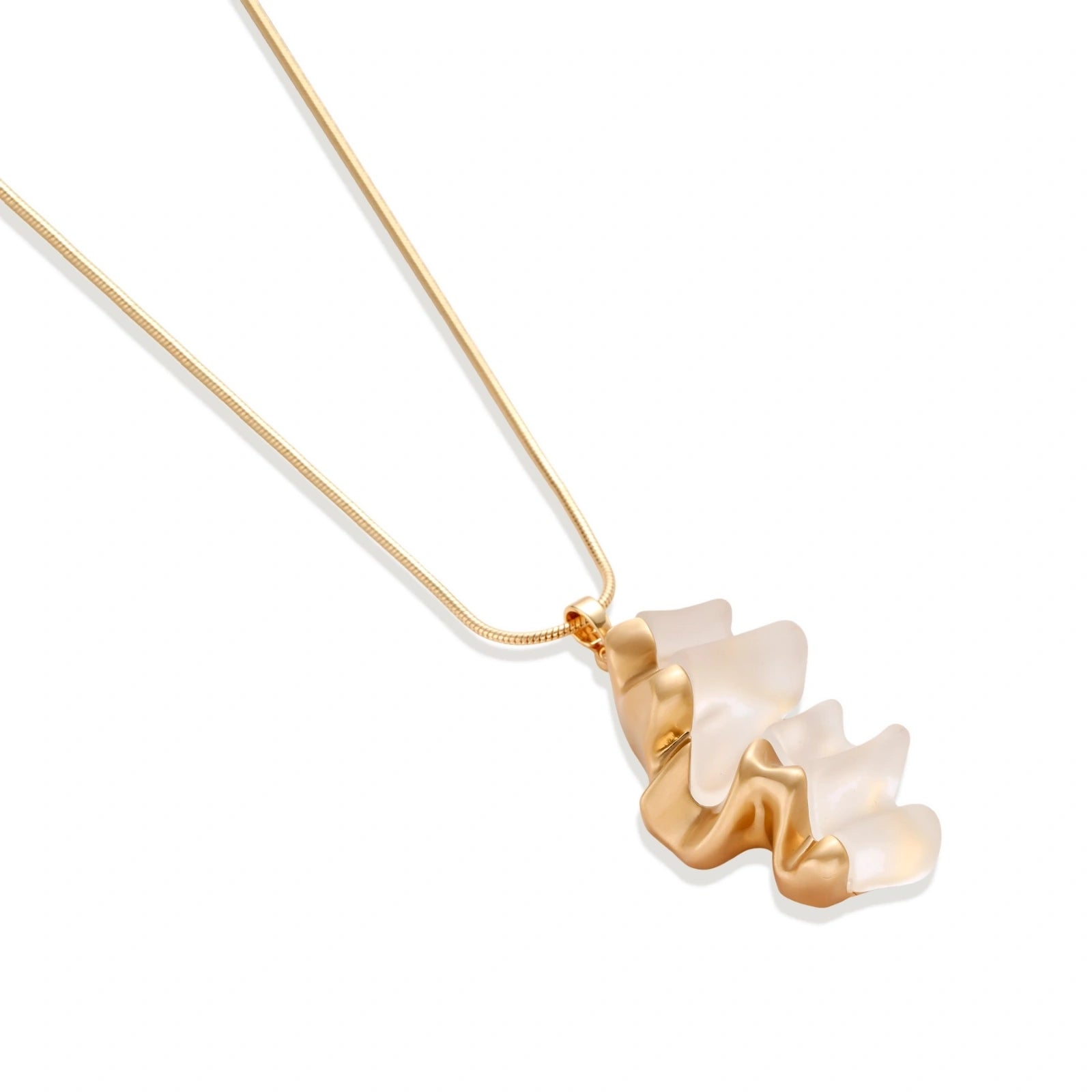 Sculptural gold-toned jewelry set featuring wavy organic earrings and matching necklace pendant with translucent resin accents.