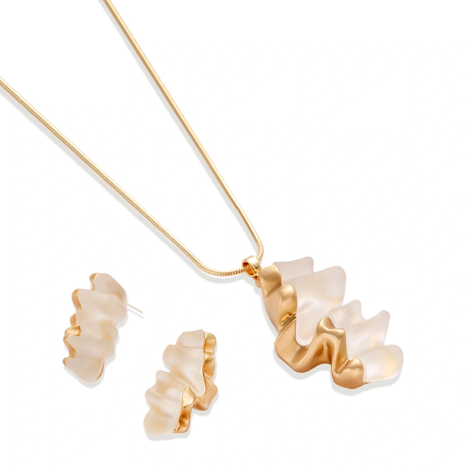 Sculptural gold-toned jewelry set featuring wavy organic earrings and matching necklace pendant with translucent resin accents.