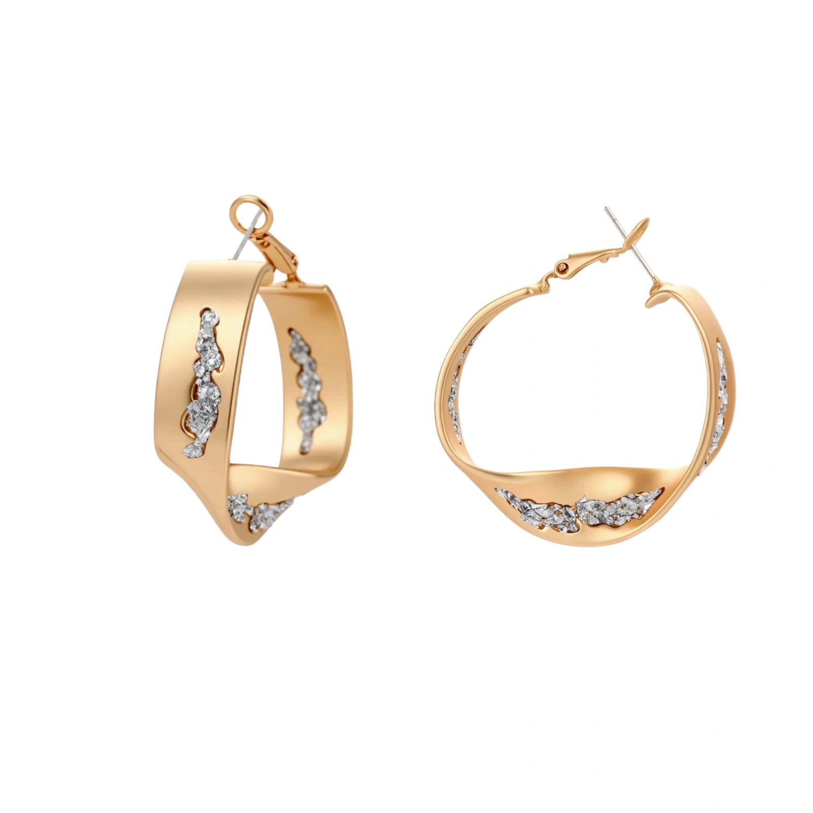 Sculptural wavy hoop earrings with crystal details and organic curved silhouette in gold and silver variants