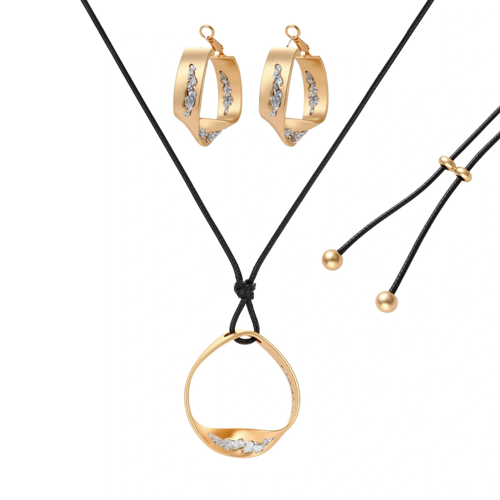 Gold circular pendant necklace with crystals on black cord paired with matching geometric hoop earrings on white background.