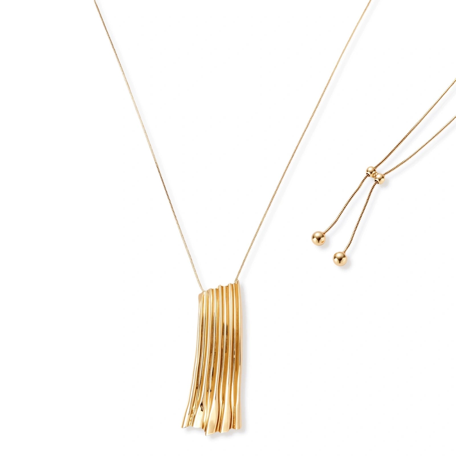 Modern adjustable necklace featuring geometric ribbed pendant with vertical lines in gold and silver finish options.