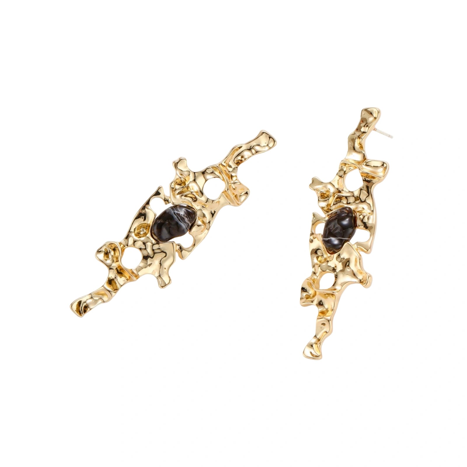 Elongated sculptural earrings with organic openwork design in eco-zinc alloy and dark resin accents on white background.