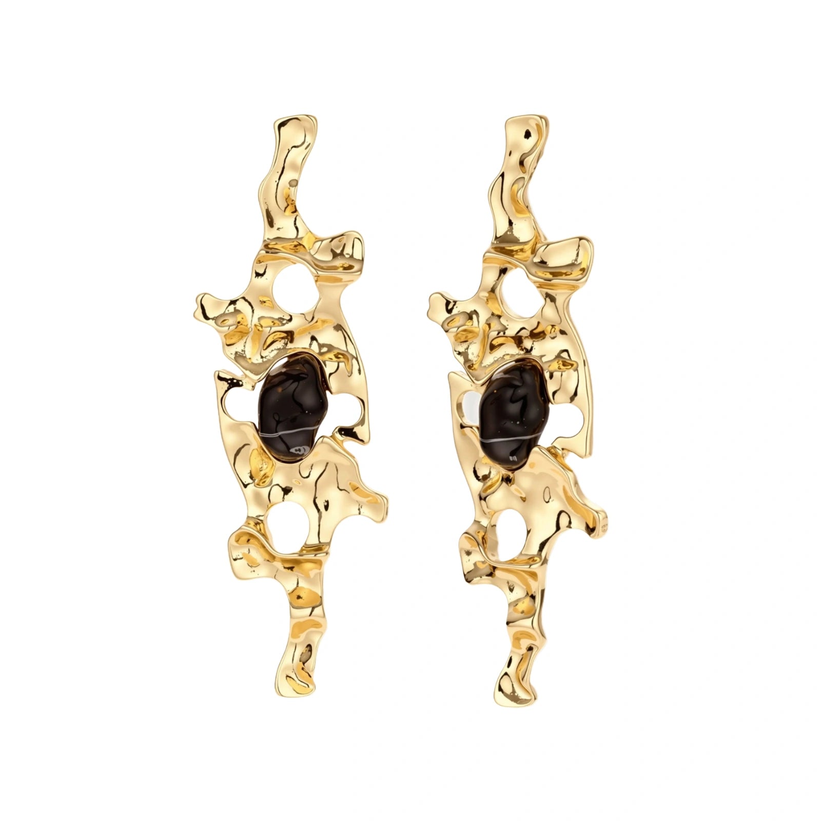 Elongated sculptural earrings with organic openwork design in eco-zinc alloy and dark resin accents on white background.
