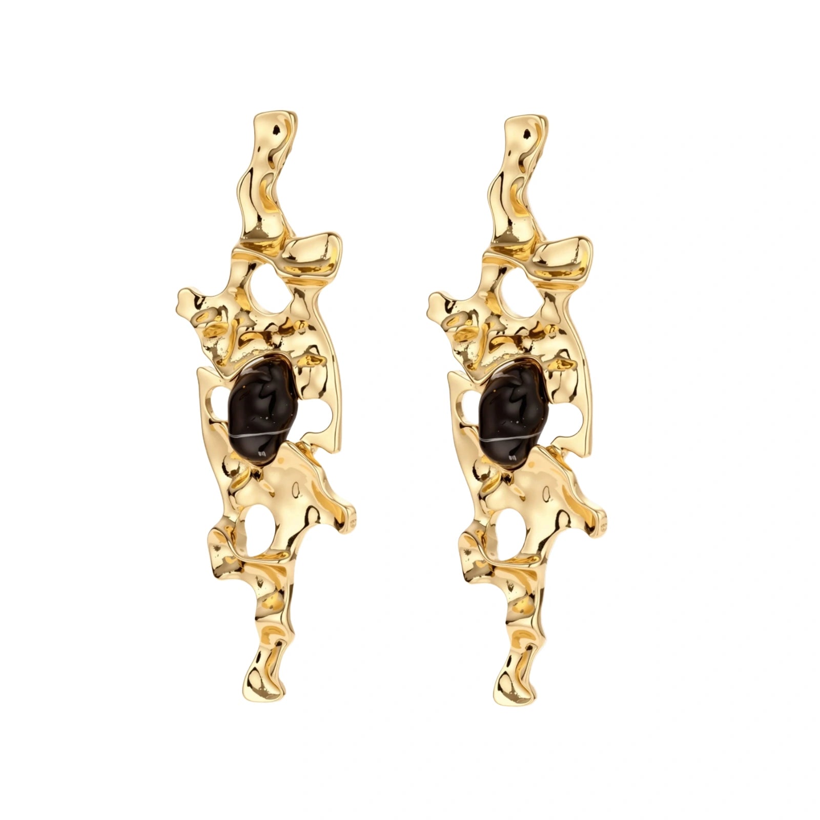 Elongated sculptural earrings with organic openwork design in eco-zinc alloy and dark resin accents on white background.