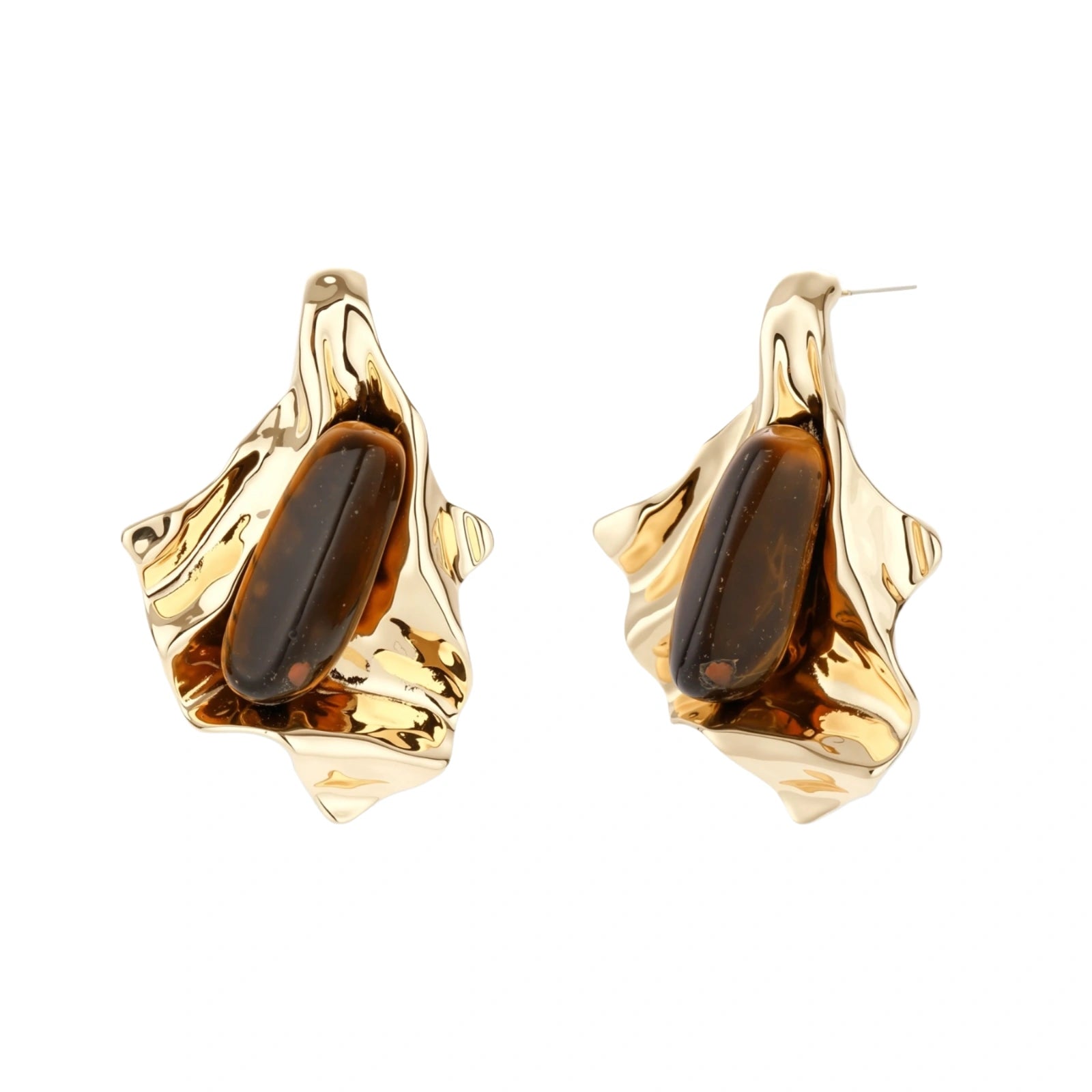 Sculptural stud earrings with organic twisted metal design holding brown gemstones, shown in gold and silver finishes.