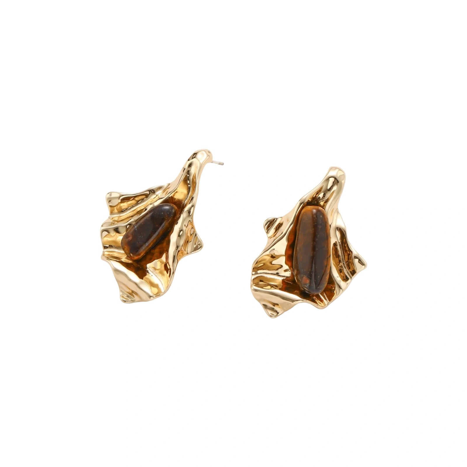 Sculptural stud earrings with organic twisted metal design holding brown gemstones, shown in gold and silver finishes.