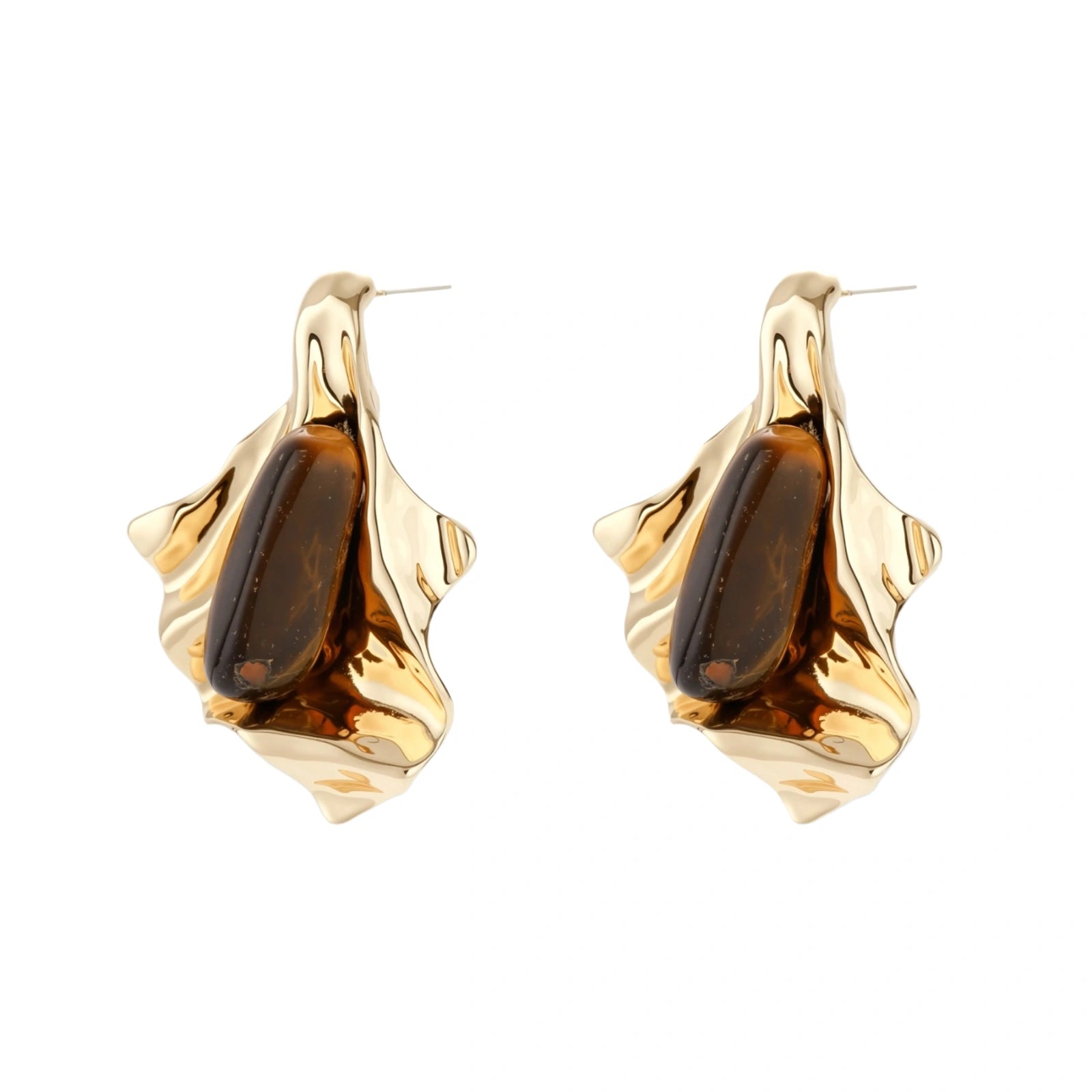 Sculptural stud earrings with organic twisted metal design holding brown gemstones, shown in gold and silver finishes.