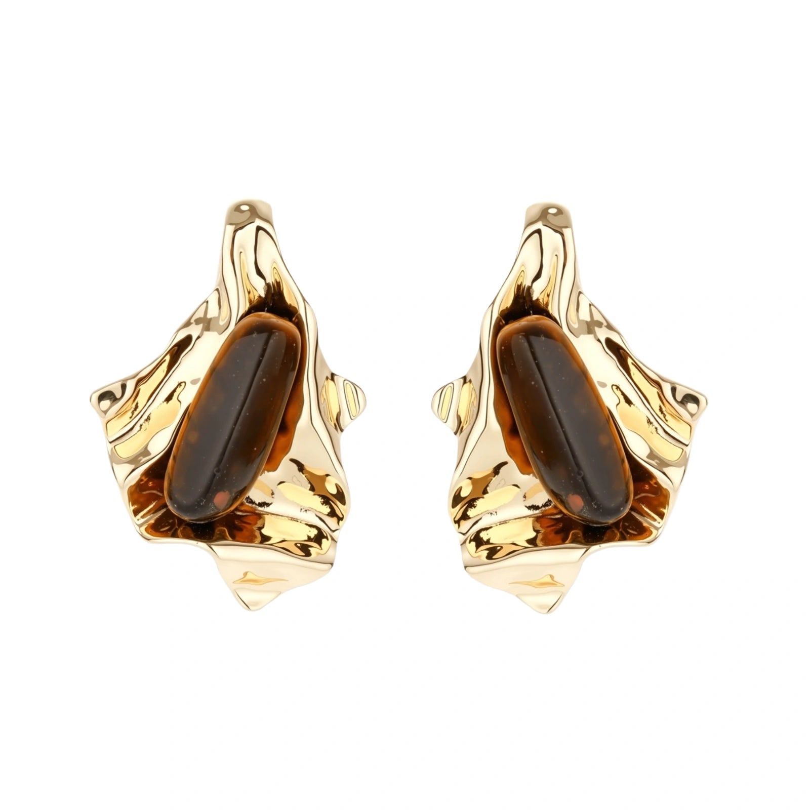 Sculptural stud earrings with organic twisted metal design holding brown gemstones, shown in gold and silver finishes.