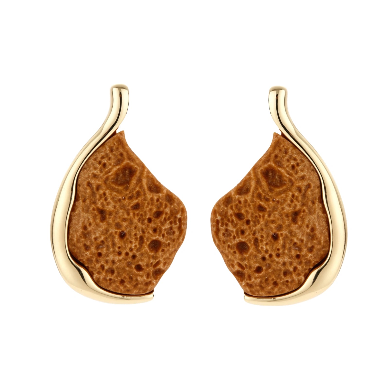 Textured brown resin drop earrings with gold-toned zinc alloy frames and sterling silver posts on white background.
