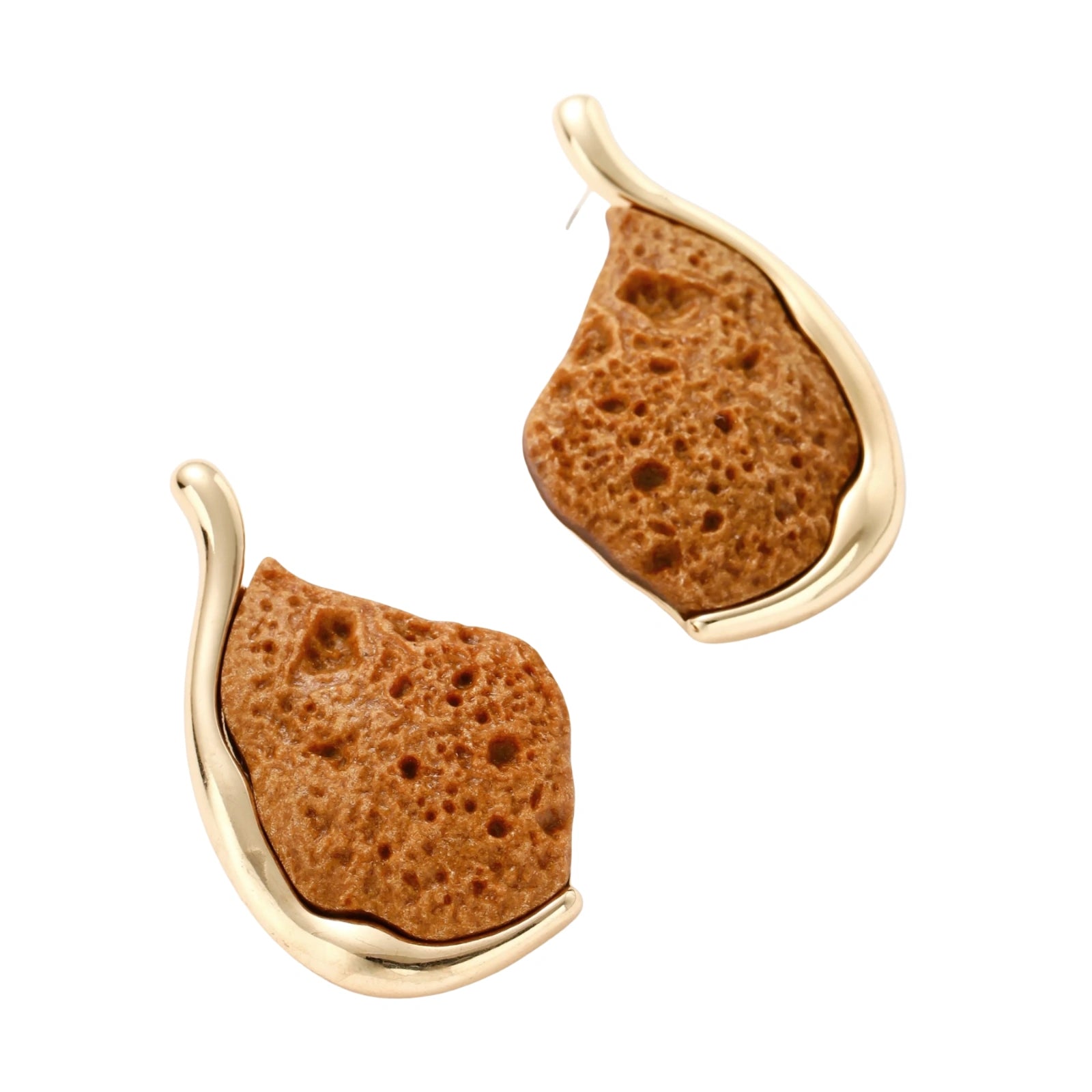 Textured brown resin drop earrings with gold-toned zinc alloy frames and sterling silver posts on white background.