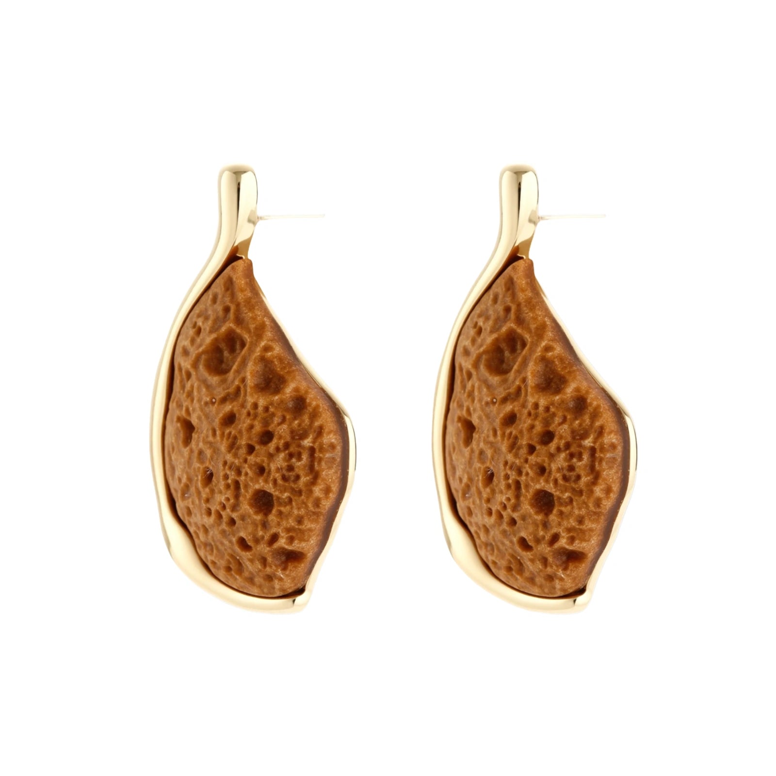 Textured brown resin drop earrings with gold-toned zinc alloy frames and sterling silver posts on white background.