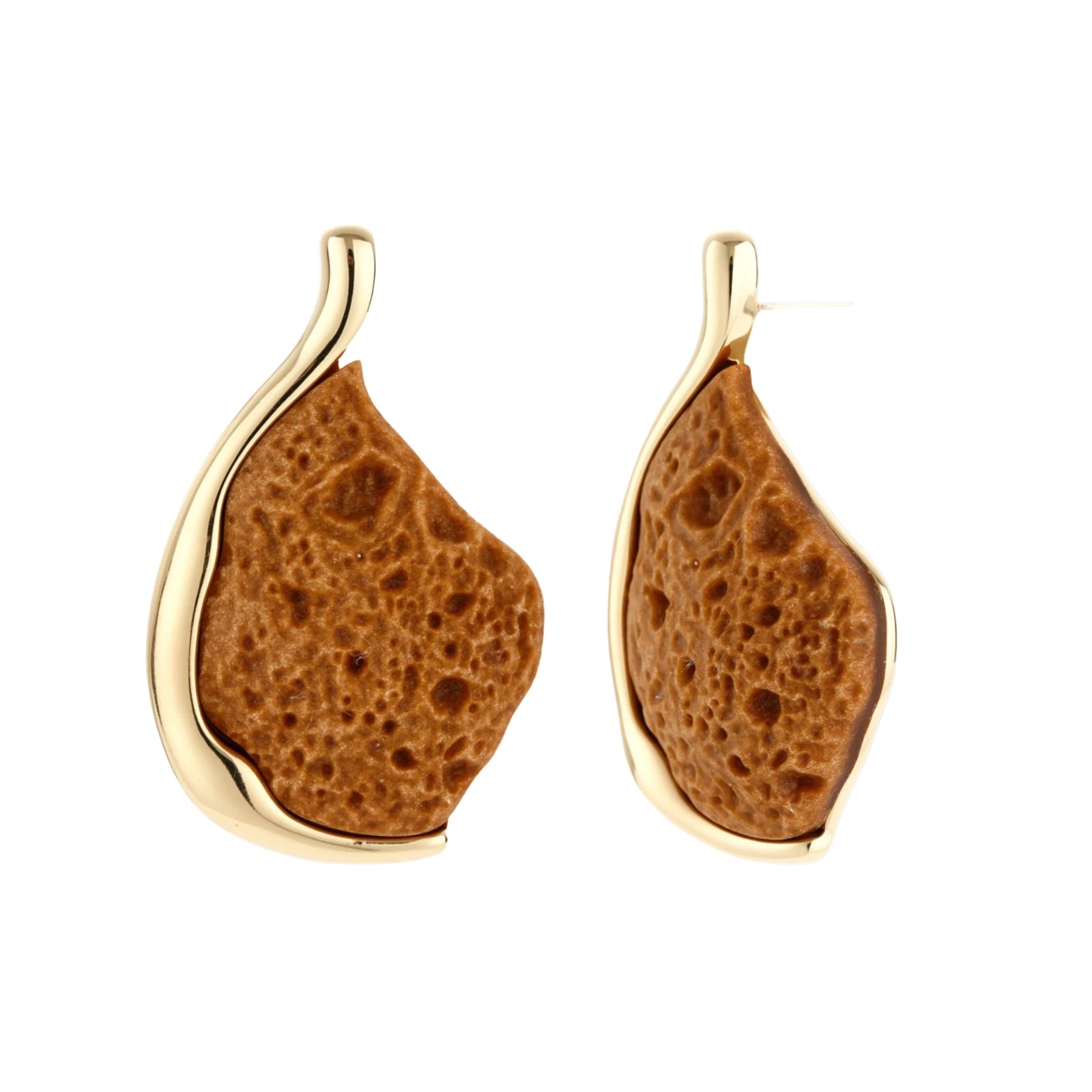 Textured brown resin drop earrings with gold-toned zinc alloy frames and sterling silver posts on white background.