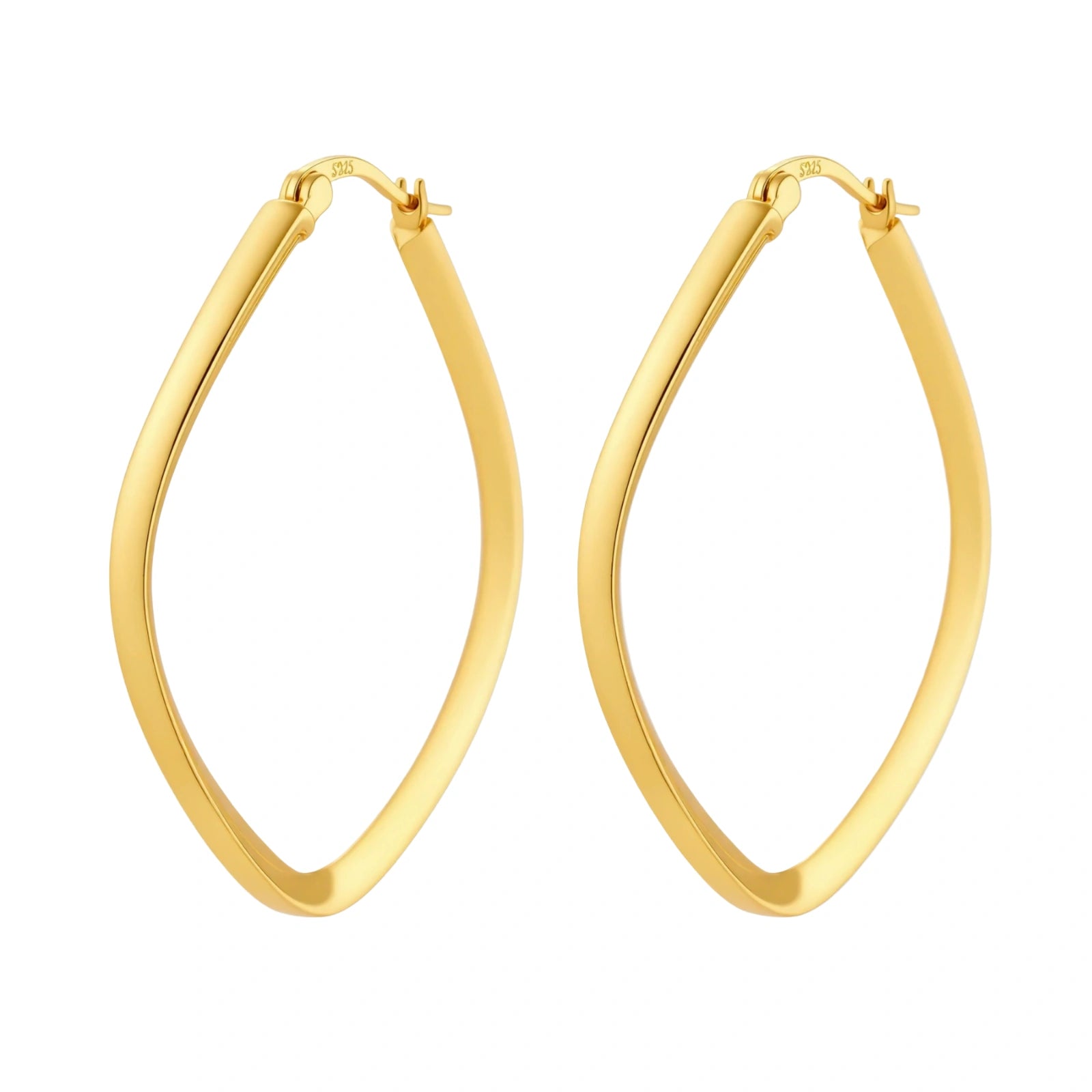 Set of geometric gold-plated sterling silver hoop earrings in oval and cushion shapes on cream background