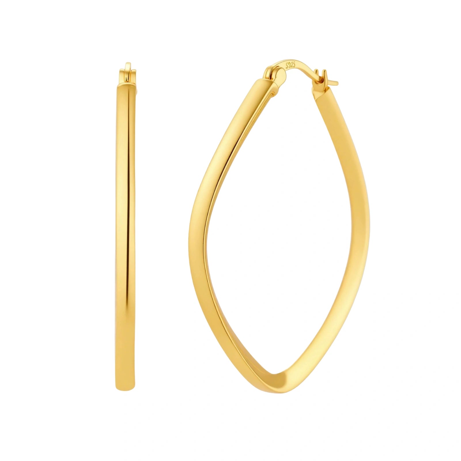 Set of geometric gold-plated sterling silver hoop earrings in oval and cushion shapes on cream background