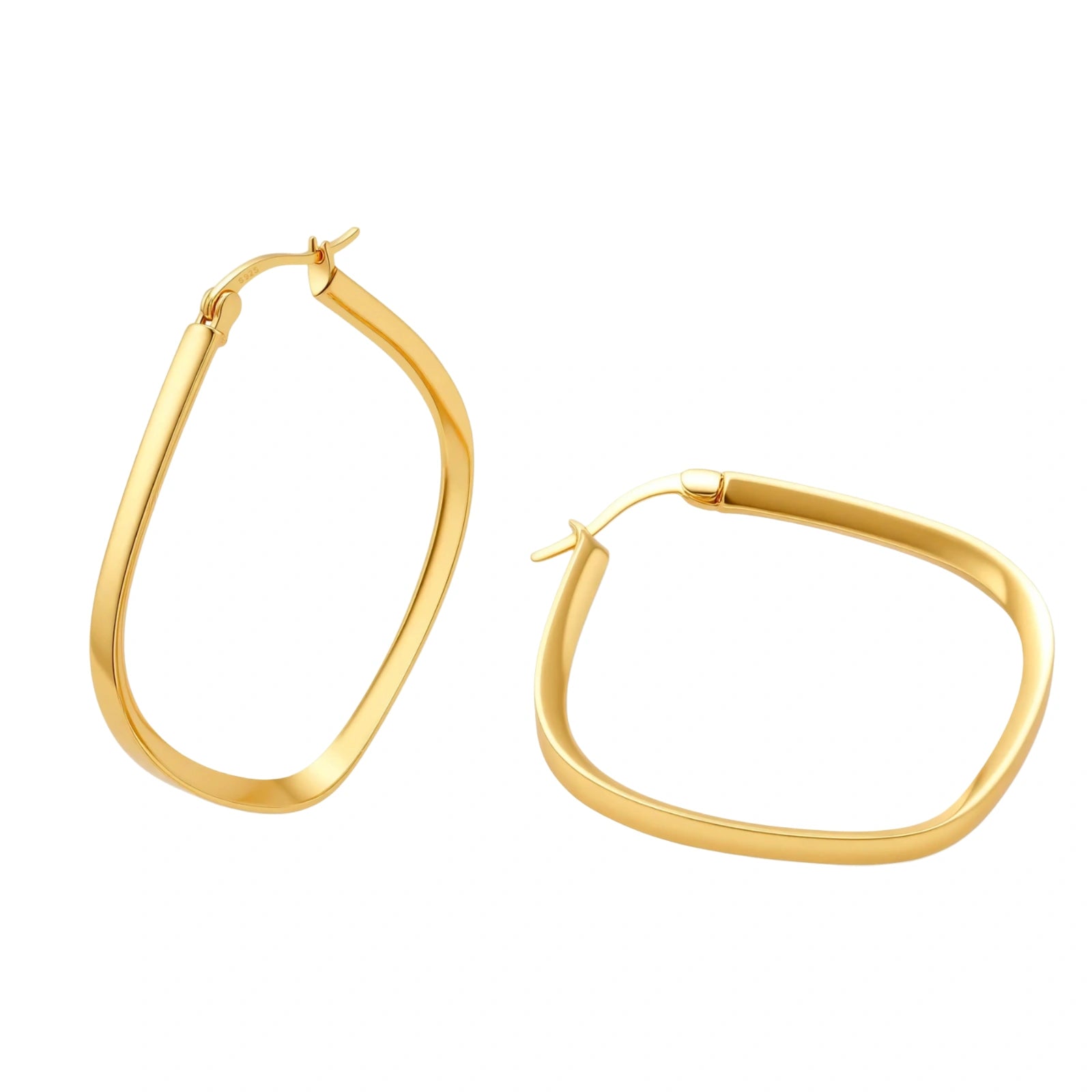 Set of geometric gold-plated sterling silver hoop earrings in oval and cushion shapes on cream background
