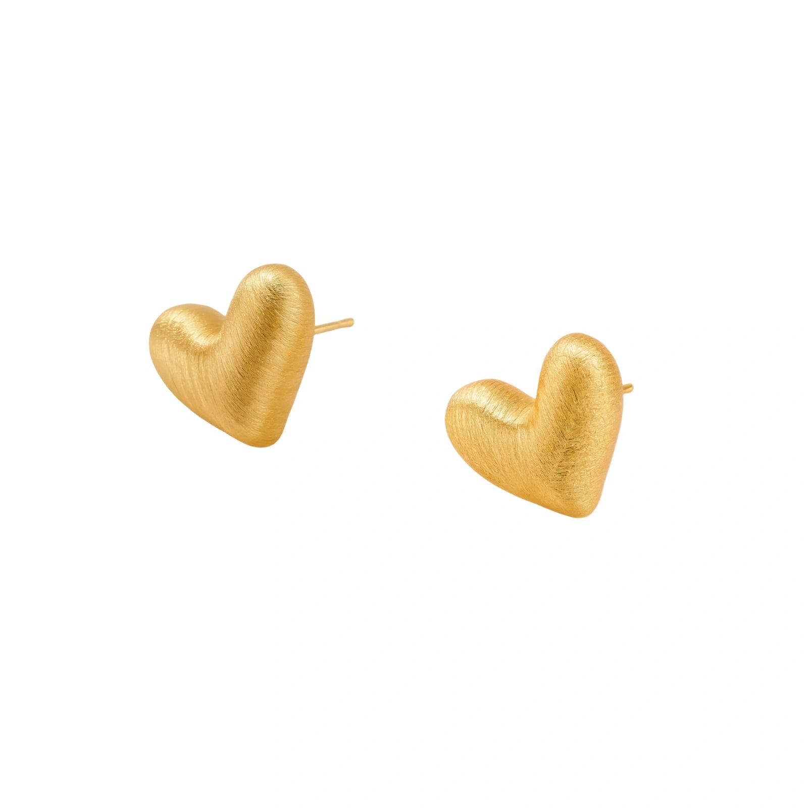 Pair of small heart-shaped stud earrings with brushed metallic finish, showing both silver and gold variants on neutral background.