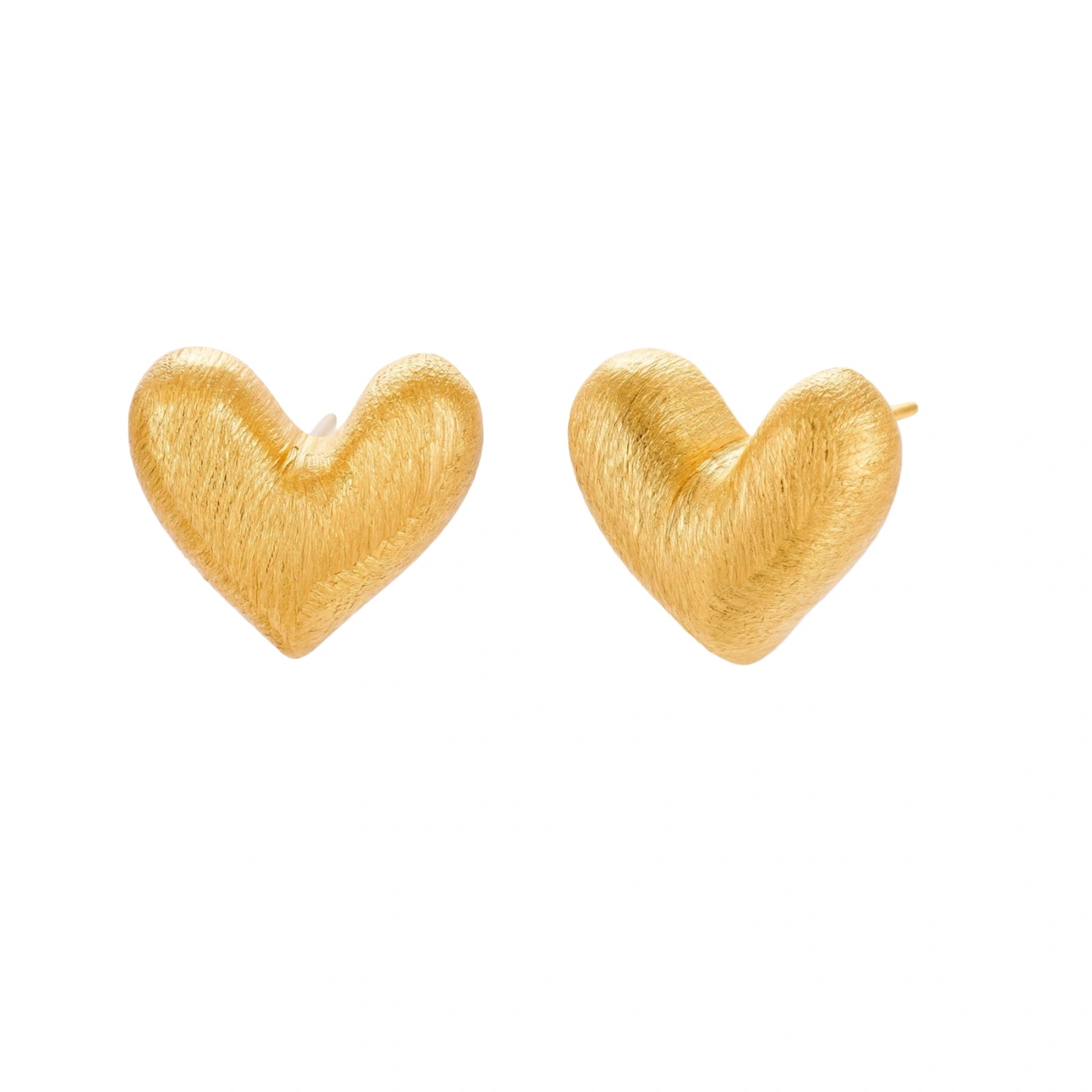 Pair of small heart-shaped stud earrings with brushed metallic finish, showing both silver and gold variants on neutral background.
