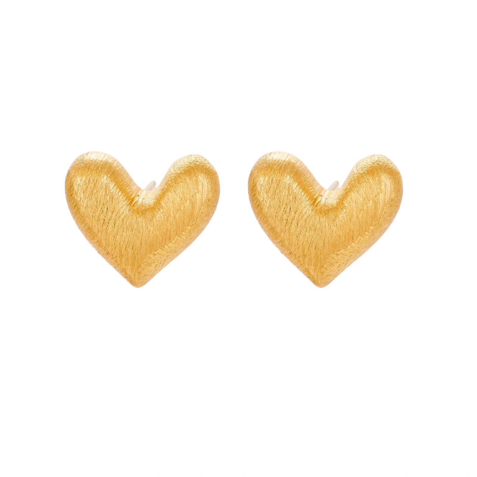 Pair of small heart-shaped stud earrings with brushed metallic finish, showing both silver and gold variants on neutral background.