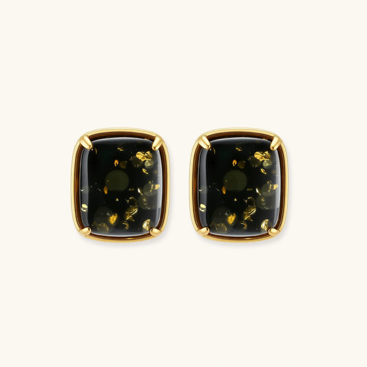 Elegant cushion-cut green amber earrings with golden inclusions in 18K gold-plated sterling silver settings.