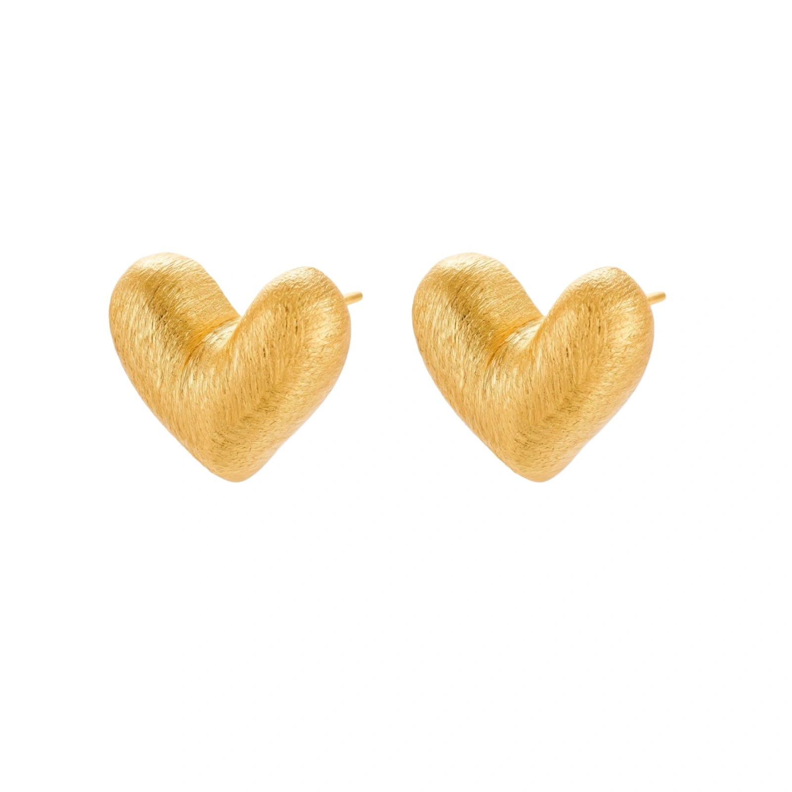 Pair of small heart-shaped stud earrings with brushed metallic finish, showing both silver and gold variants on neutral background.