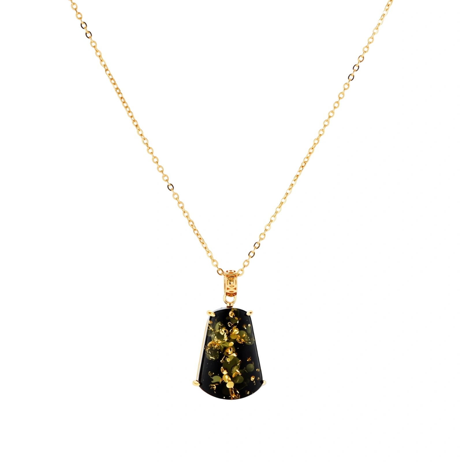 18k gold-plated necklace and earrings with green amber pendants featuring golden inclusions on cream background