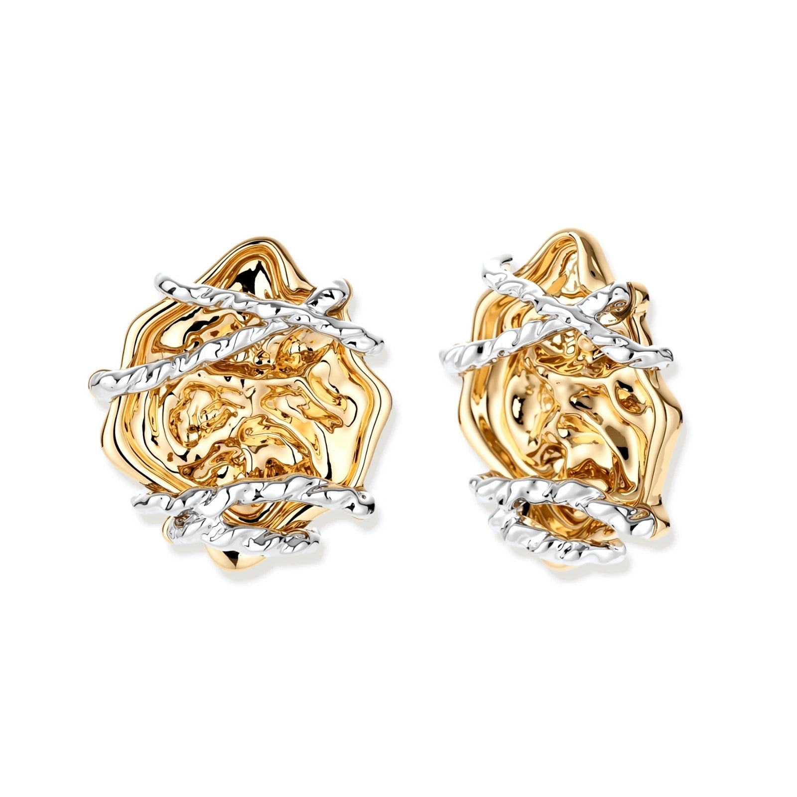 Sculptural rose-shaped stud earrings in gold with silver wire details and S925 posts on cream background.