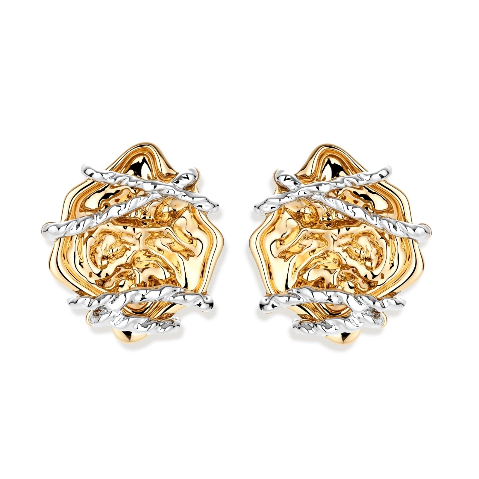 Sculptural rose-shaped stud earrings in gold with silver wire details and S925 posts on cream background.