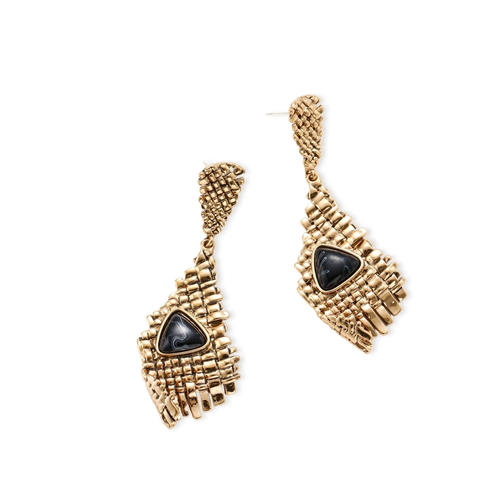 Gold-toned geometric mesh earrings with black triangular resin stones and fringe detail on neutral background