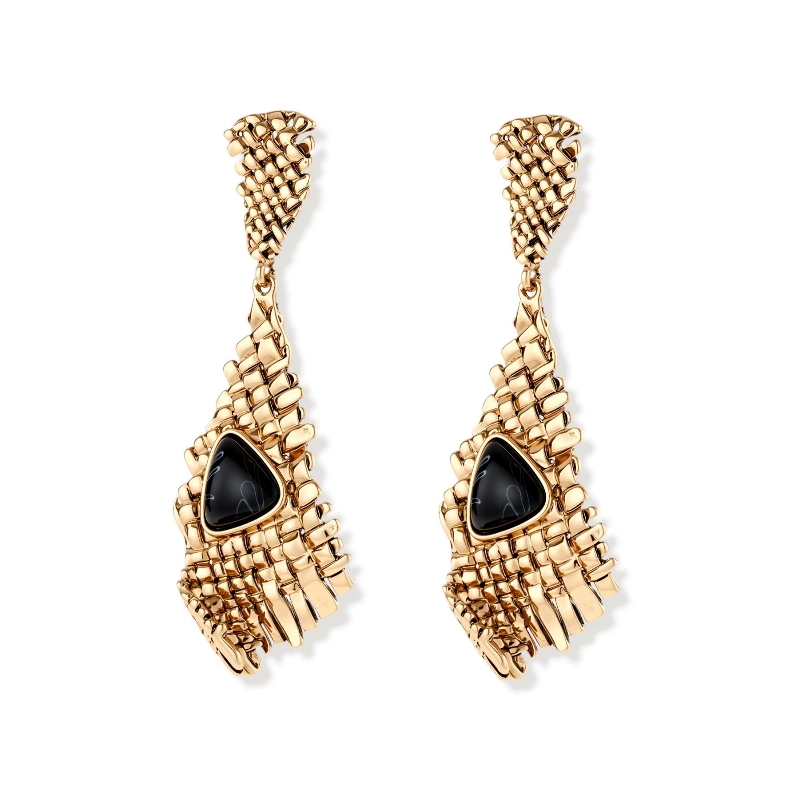 Gold-toned geometric mesh earrings with black triangular resin stones and fringe detail on neutral background