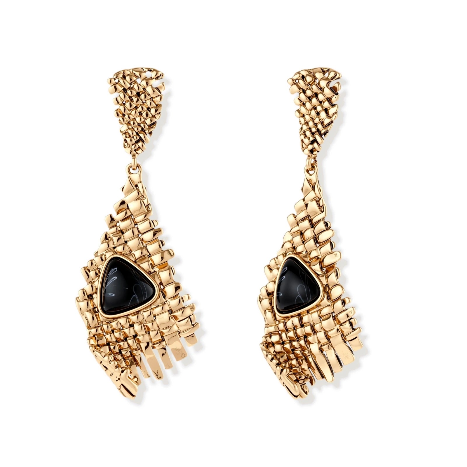 Gold-toned geometric mesh earrings with black triangular resin stones and fringe detail on neutral background