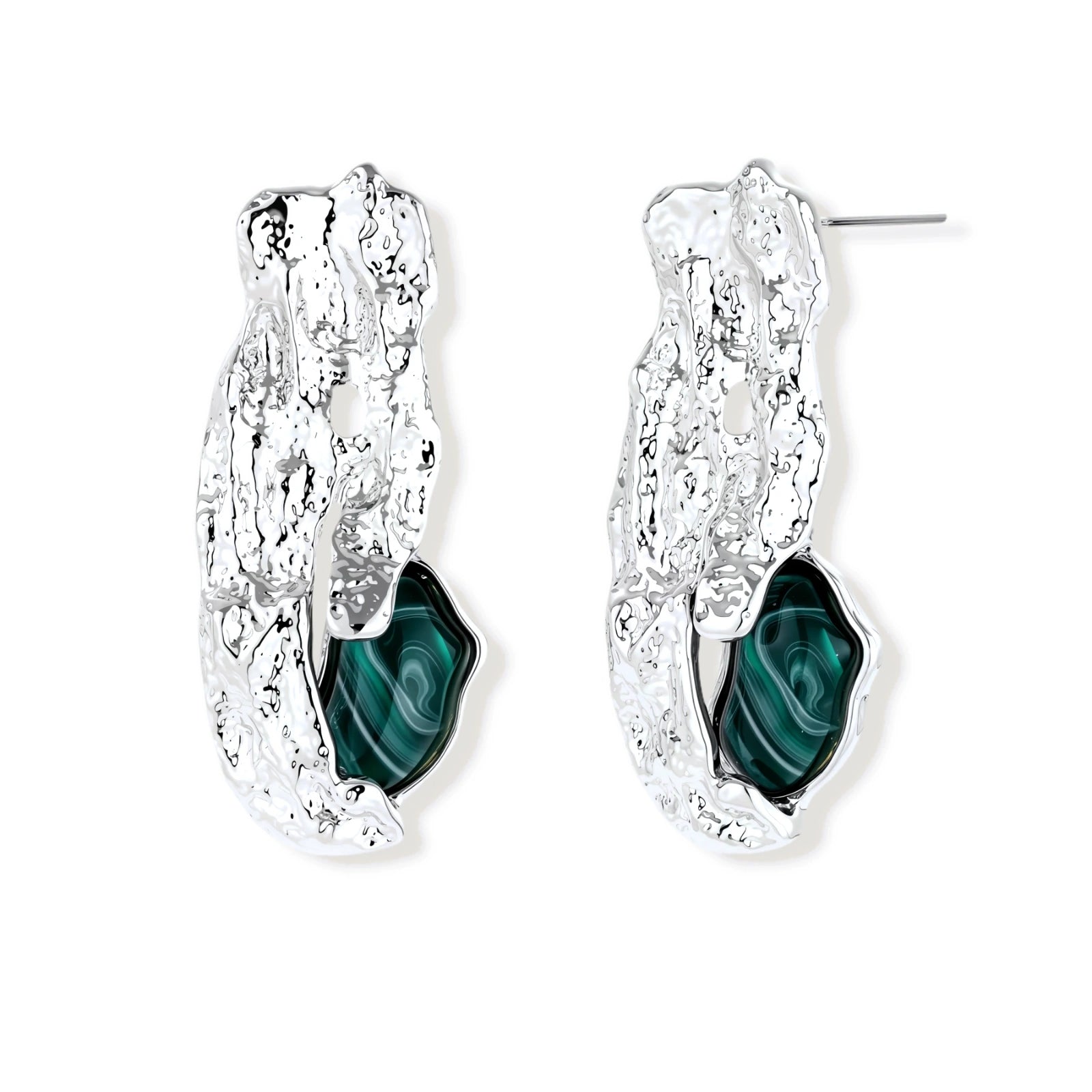 Organic-shaped stud earrings with hammered silver finish and green malachite-pattern resin stones on white background.