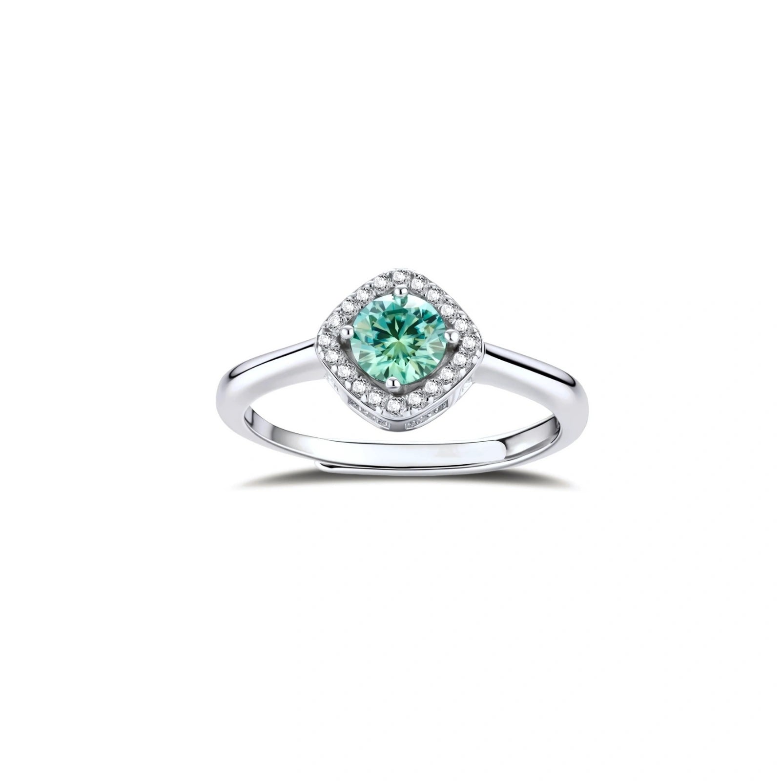 Sterling silver adjustable ring featuring round green moissanite center stone surrounded by clear halo stones