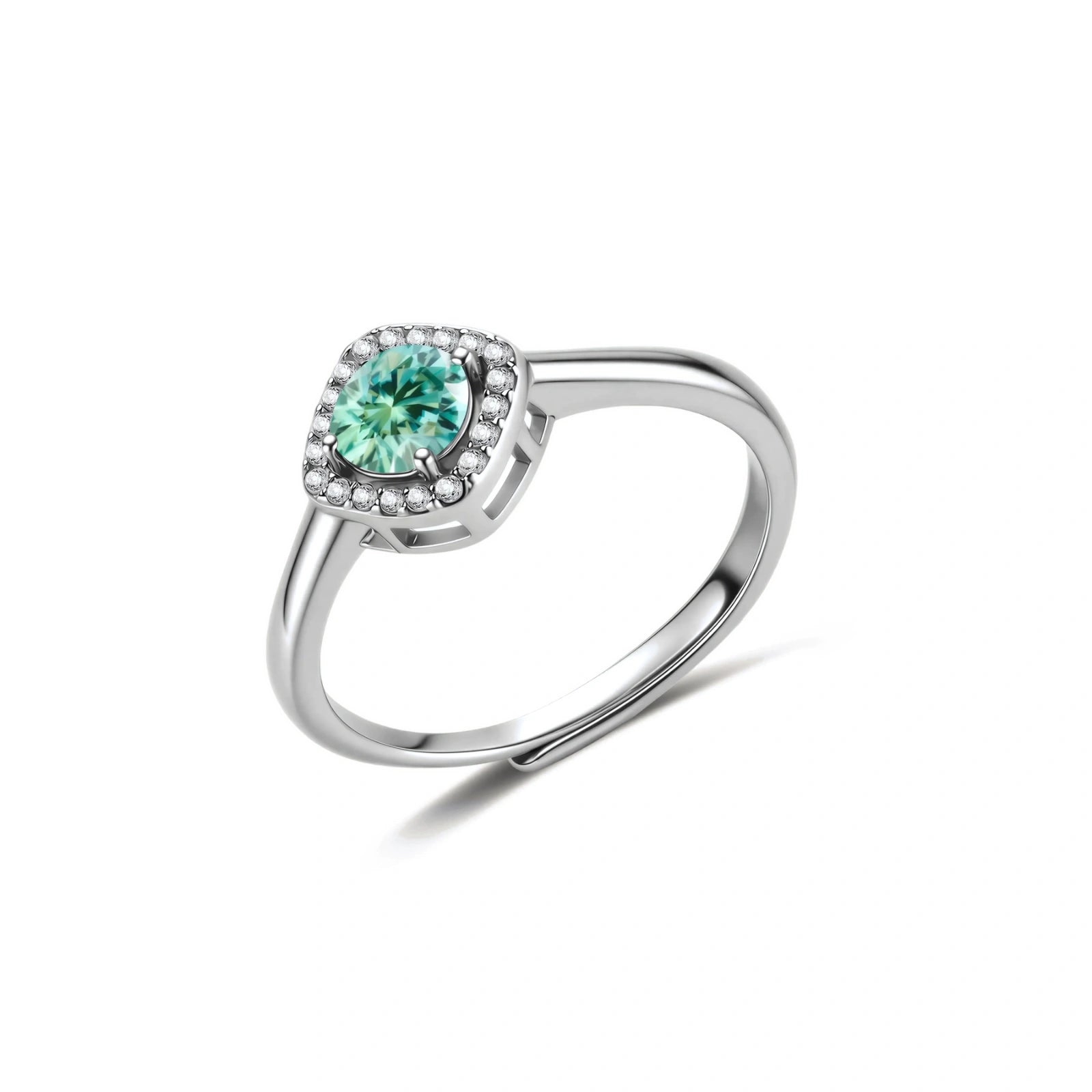 Sterling silver adjustable ring featuring round green moissanite center stone surrounded by clear halo stones