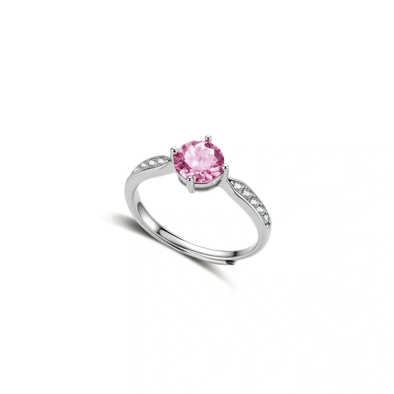 Brilliant pink moissanite ring in sterling silver 4-prong setting with accent stones on adjustable band