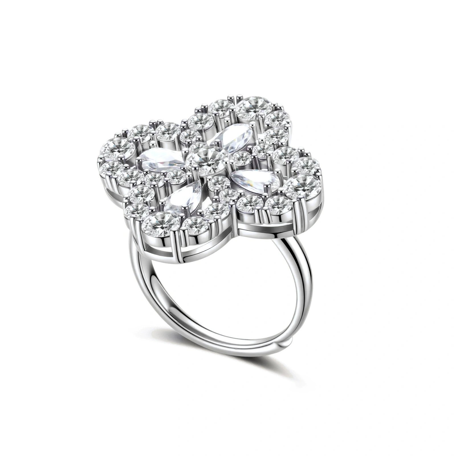 Adjustable sterling silver ring with quatrefoil design featuring brilliant moissanite stones in clover pattern
